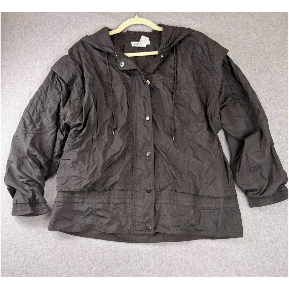 Sunterra Vintage Black Nylon Hooded Windbreaker Jacket Quilted Shoulder Womens M